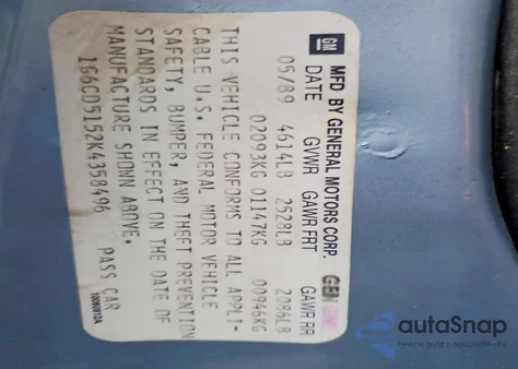 1989 Cadillac Deville z USA, uszkodzony, nr VIN 1G6CD5152K4358496